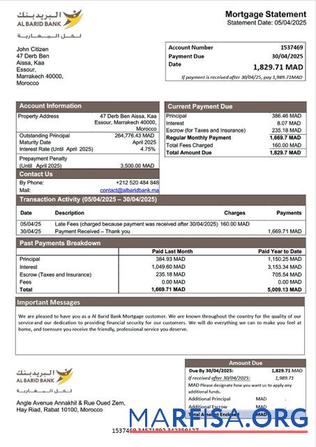 Downloadable Morocco Al Barid Bank mortgage statement Word and PDF template